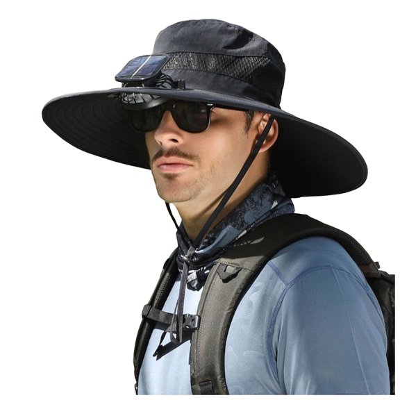Outdoor Solar Fan Hat Wide Brim Solar Fan Hat with 2 Removable & USB Charging Solar Fan Sun Bucket Hat for Men Women Fishing & Beach Hat