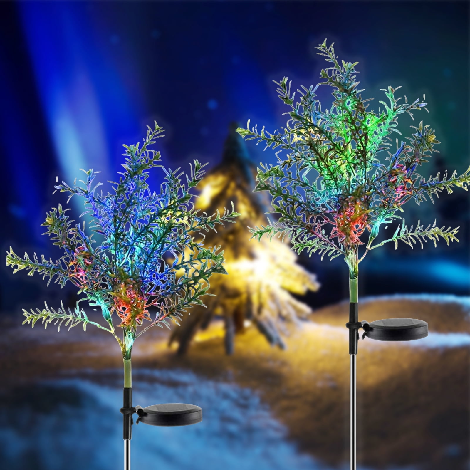Outdoor Solar Flickering Tree Lights, Multi-Color Changing Solar Garden Lights LED Stake Christmas Tree Lights Flower for Garden, Patio, Yard and Decoration (2 Pack)
