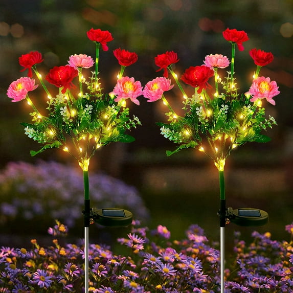 Outdoor Solar Garden Flower Lights, Artificial 7 Head Solar Powered Snow Lotus LED Stake Lights, Waterproof Decorative Lighting for Patio, Backyard, Pathway (2 Pack, Red)