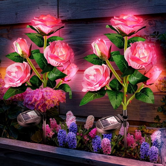 Outdoor Solar Garden Lights, 2 Pack LED Flower Lights with Realistic Rose, Bigger Solar Panel, Waterproof for Backyard Pathway Porch Step Memorial Cemetery Gravesite Decor, Pink