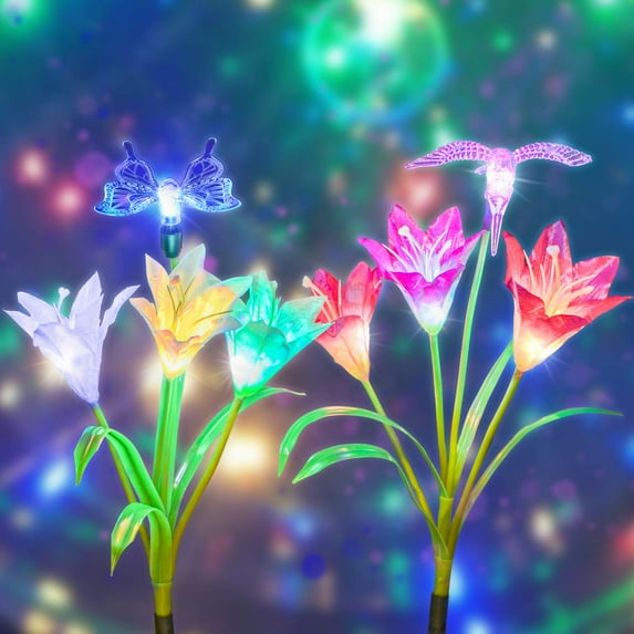 Outdoor Solar Garden Lights, 2 Pack Solar Powered Lights with Lily Flower, Hummingbird and Butterfly, Multi-Color Changing LED Solar Decorative Lights for Garden, Patio, Backyard
