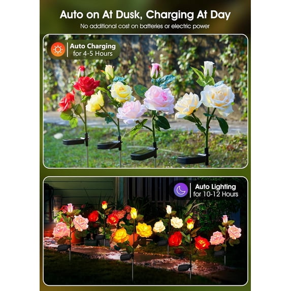 Outdoor Solar Garden Lights - 4 Pack LED Flower Lights with Realistic Rose, Bigger Solar Panel, Waterproof for Yard & Decorations
