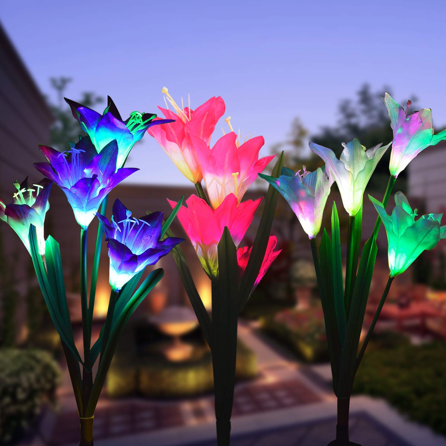 Outdoor Solar Garden Stake Lights, 2 Pack Solar Powered Lights with 8 Lily Flower, Multi-Color Changing LED Solar Landscape Lighting Light for Garden, Patio (Outdoor Solar Garden Stake Lights-2) - image 1 of 5