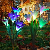 Outdoor Solar Garden Stake Lights - 2 Pack Solite Solar Powered Lights with 8 Lily Flower, Multi-color Changing LED Solar Stake Lights for Garden, Patio, Backyard (Purple and White)