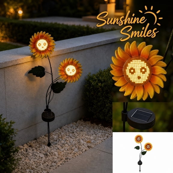 Outdoor Solar Garden Stake Lights, Smiling Face Sunflower Solar Light, Upgraded LED Solar Powered Light with 2 Sunflower, Waterproof Solar Decorative Lights for Garden, Patio, Backyard