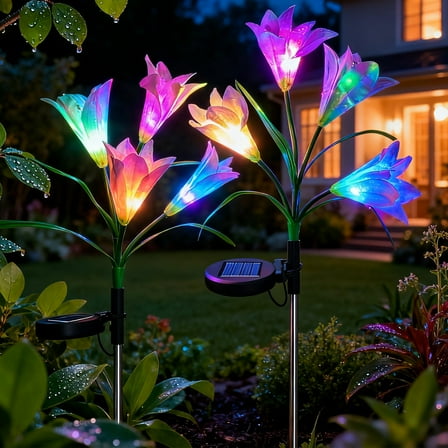 Outdoor Solar Garden Stake Lights, Solar Powered Lights with 8 Lily Flower(White), Multi-color Changing LED Solar Stake Lights for Garden, Patio, Backyard