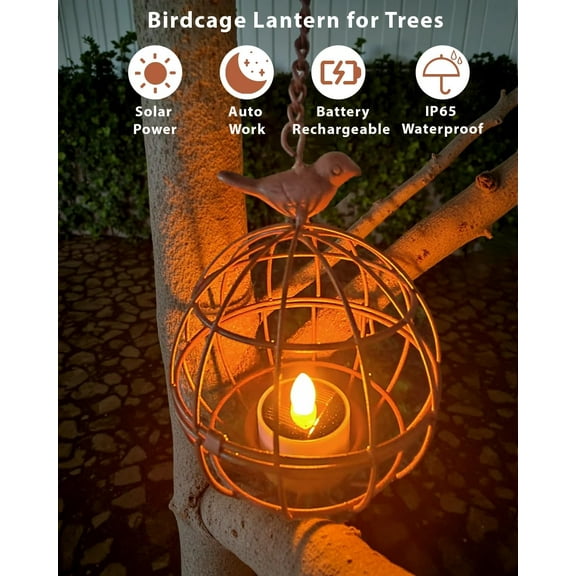 Outdoor Solar Hanging Lantern Lights, 4 Pack Rustic Ball Birdcage Hanging Candle Holder with Solar Tea Lights, Waterproof Chandelier for Patio, Backyard, Pergola, Tree Decor (Dark Orange)$$