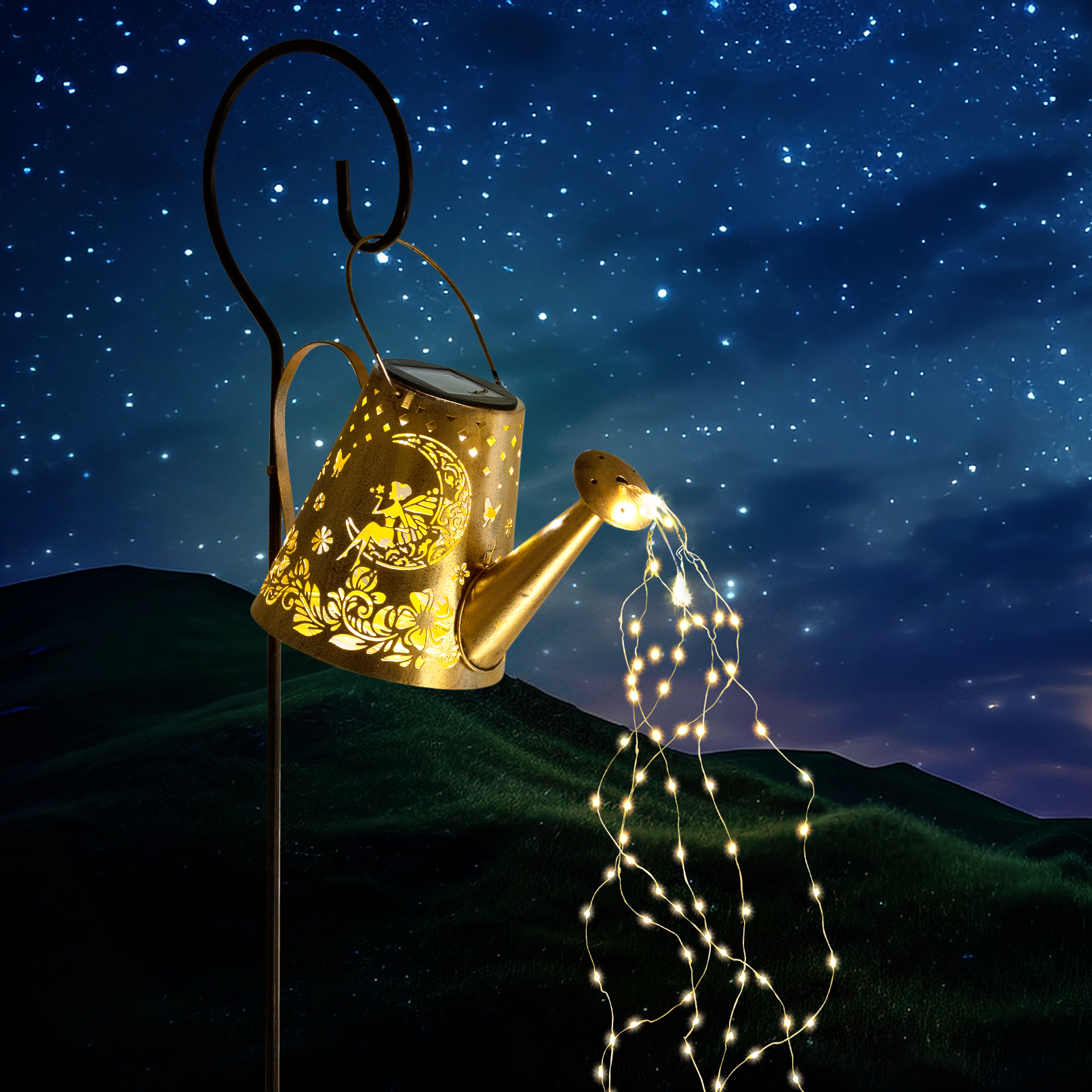 Duety Star Shower Garden Art Light， Outdoor Solar Watering Can Flash Light Decoration with