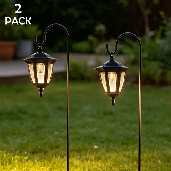 Outdoor Solar Hanging Lanterns, 2 Pack Waterproof Solar Powered LED Lights with 38.7in Shepherd Hooks, Auto On/Off 3000K Warm Glow for Patio Deck Fence Driveway Decor