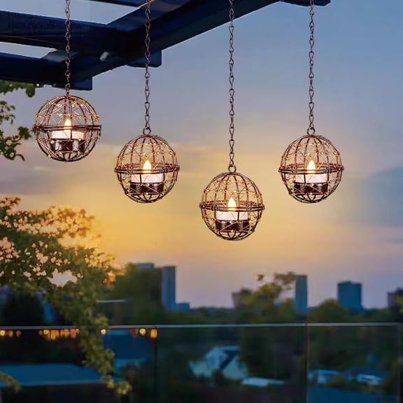 Outdoor Solar Hanging Lanterns Waterproof, Globe Hanging Candle Holder with Flickering Solar Powered Tea Lights, Chargeable Chandelier Light for Backyard Patio Garden Fence Tree Decoration-4Pack