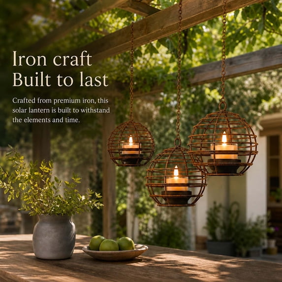 Outdoor Solar Hanging Lights, Spherical Candle Lanterns, Metal Iron Art Pendant Lights for Garden Patio Decor, Nighttime Ambiance