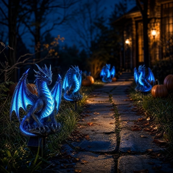 Outdoor Solar LED Dragon Statue Lamp, Translucent Luminous Blue Wing Gothic Dragon Ground Stake, Resin Yard Decor for Halloween Fall Party Lawn Garden Walkway Graveyard Arrangement