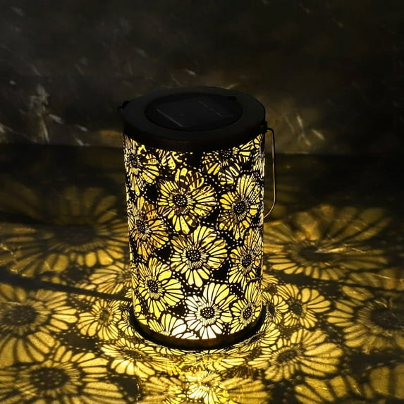 Outdoor Solar LED Lantern | Garden Decorative Hanging Light | Waterproof IP65 Iron Plastic Golden Hollow Floral Design | Auto On/Off | Energy Saving | 14x14x21cm | 1 Pack | Warm Romantic Patio