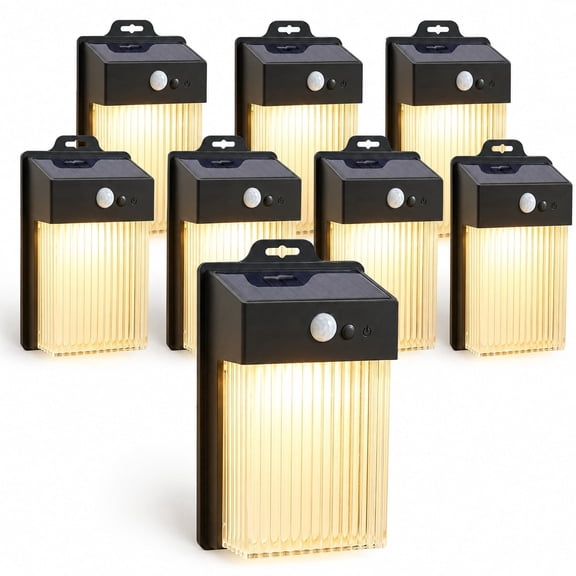 RNKR 8 packs Outdoor Solar Lamp Motion Sensor Wall Lamp Waterproof LED Solar Fence Lights for Patio, Garden, Yard, Porch, Deck, Garage, Warm White