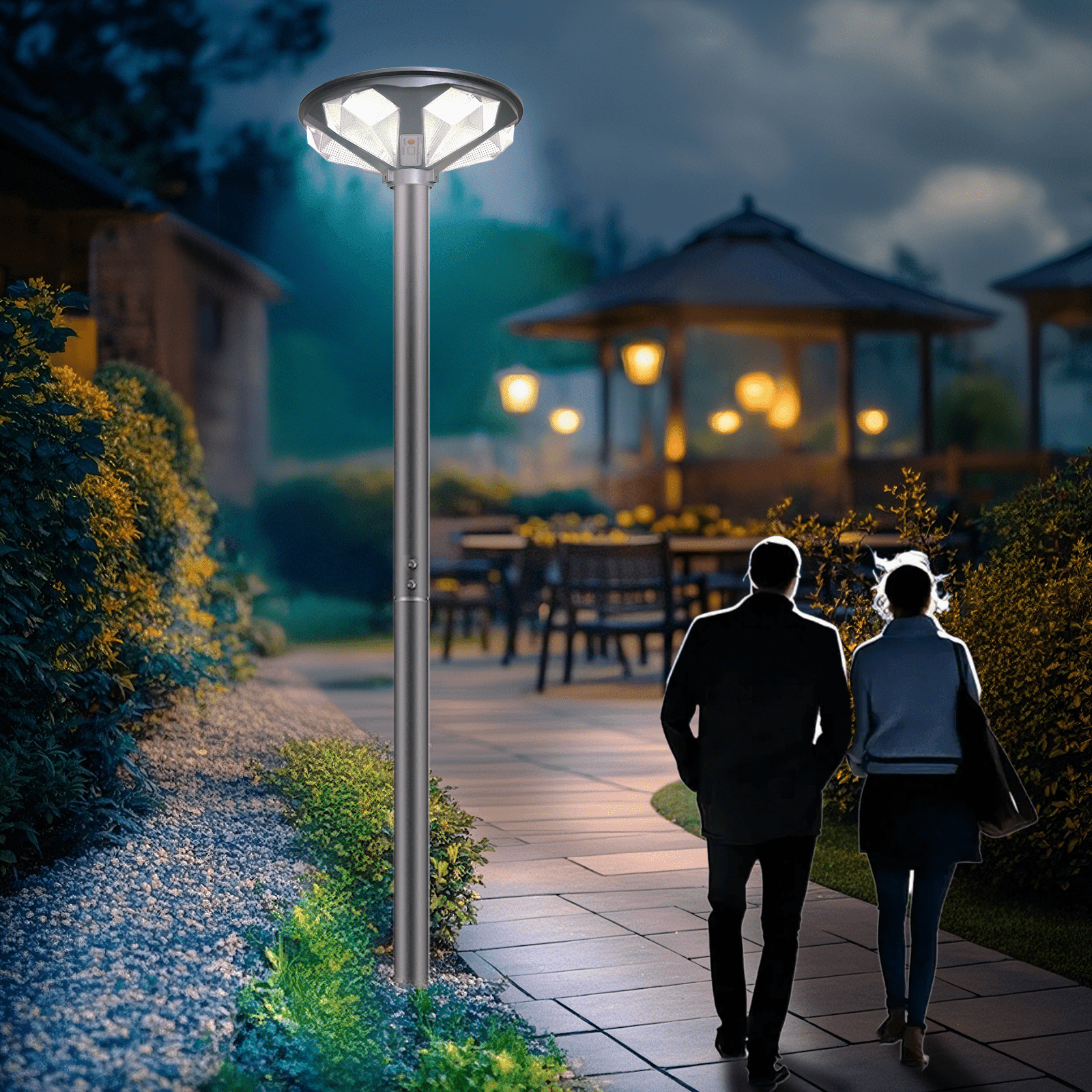 Outdoor Solar Lamp Post with 10' Galvanized Steel Light Pole, Diamond Shape, Motion Sensor, IP65 Waterproof, Dusk to Dawn, 648-LED Outdoor Solar Light with Remote for Street, Parking Lot, Pathway