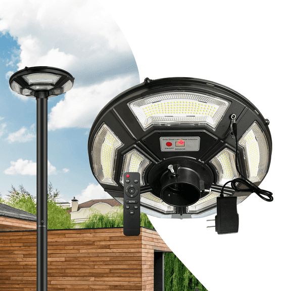 Outdoor Solar Lamp Post Light with Motion Sensor - IP65 Waterproof, Dusk to Dawn, 750-LED Pole Light Fixture with Remote and DC Port for Indoor Outdoor Lighting(Included Plug)