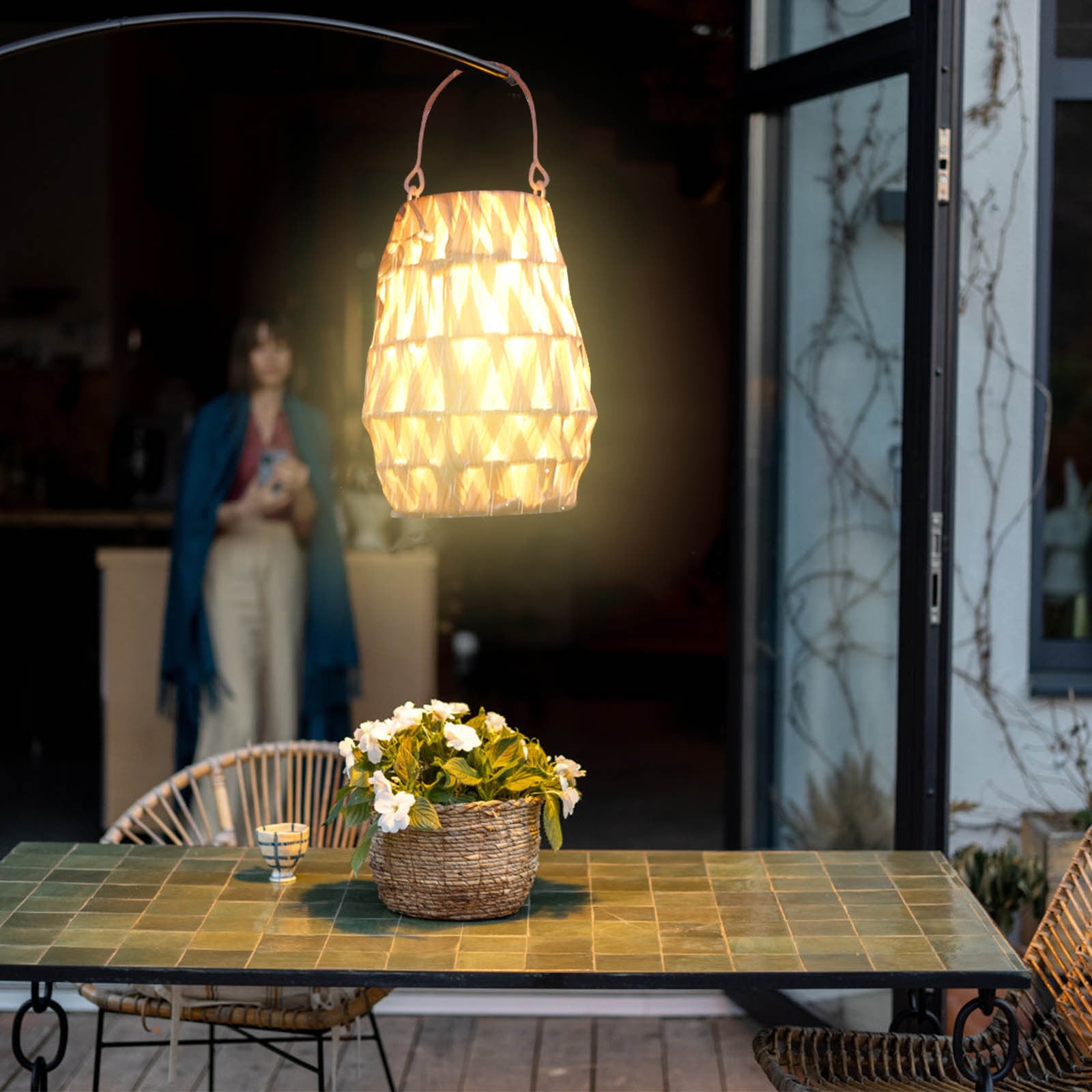 Outdoor Solar Lantern Hanging Lights - Natural Rattan Solar