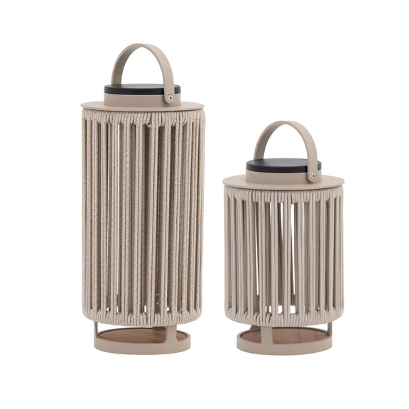 Outdoor Solar Lanterns Patio Decorative Floor Lights Aluminum Braided Rope Lantern with Handle,2 Pieces Champagne
