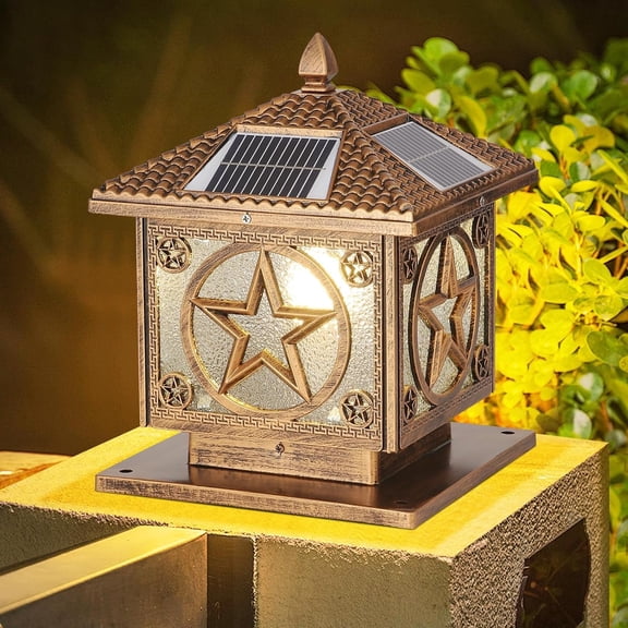 Outdoor Solar Light with Remote,9.8In Rustic Bronze Column Pillar Lamp | Outdoor Pier Mount Pedestal Bollard Lighting, Fence Deck Pole Light,Solar LED Lantern for Garden Yard Park Entryway