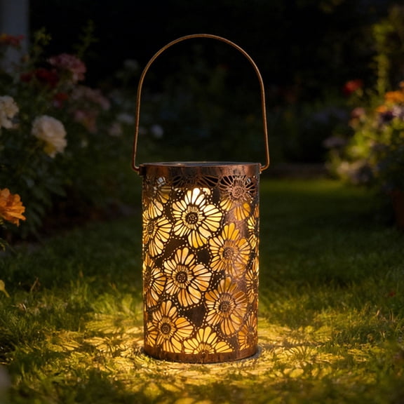 Outdoor Solar Light Rustic Copper Tone Hanging Lantern Waterproof Decor for Outdoor Porch Patio