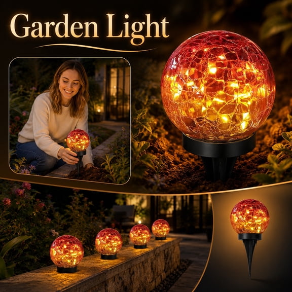 Outdoor Solar Light, Solar Landscape Lighting, Waterproof Light, Outdoor Lighting for Yard, Crackle Sphere Solar Powered Ground Stake Light 4.5X4 Inch, All-Weather Red Decorative