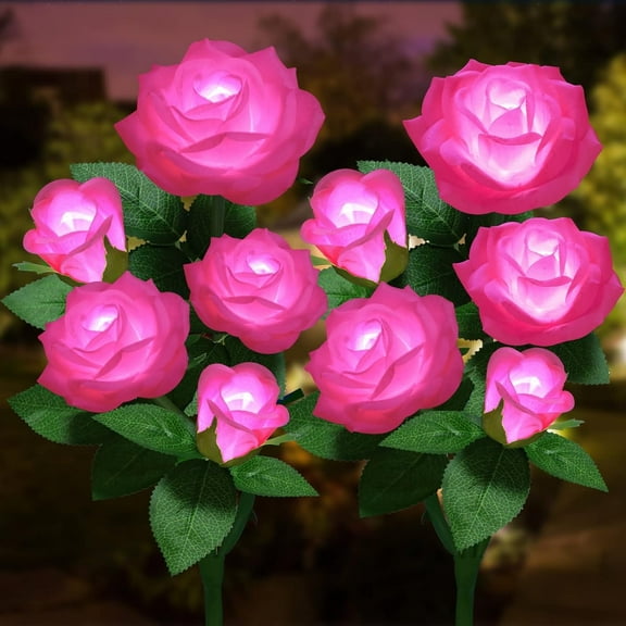 Outdoor Solar Lights, 2 Pack Solar Garden Lights with Rose Flowers, Waterproof 7 Color Changing Solar Lights Outdoor - Bigger Solar Panel for Outdoor Patio Yard Garden Decoration(Pink)