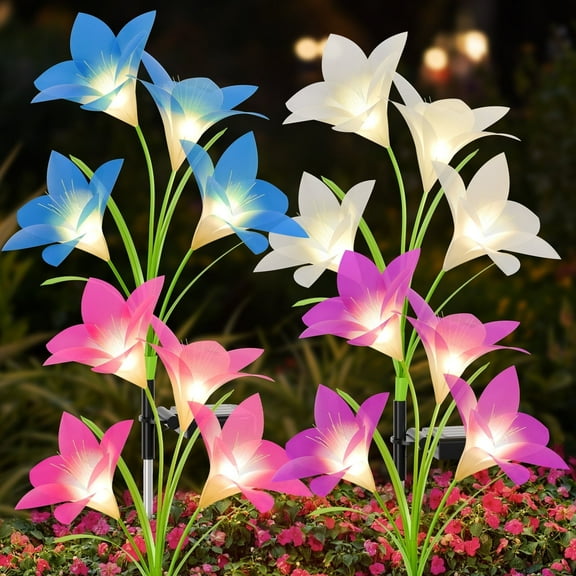Solar Garden Lights Outdoor Decor, Lily Flower Garden Stake Lights Waterproof,  4 PCS LED Solar Lights Solar Powered for Outside Patio Garden Pathway Yard Decoration, Color Changing