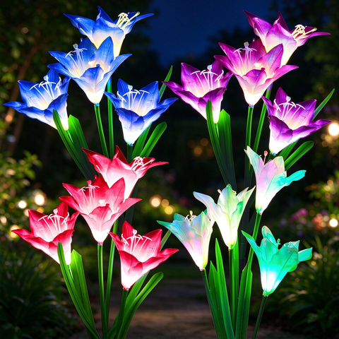 Solar Garden Lights Outdoor Decor, Lily Flower Garden Stake Lights Waterproof, 4 PCS LED Solar Lights Solar Powered for Outside Patio Garden Pathway Yard Decoration, Color Changing