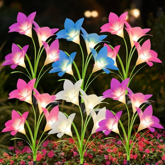 Solar Garden Lights Outdoor, 6 Packs Solar Lily Flower Lights Waterproof, Color Changing LED Solar Lights Outdoor Decorative, Bigger Solar Panel for Outside Patio Garden Pathway Yard Decoration