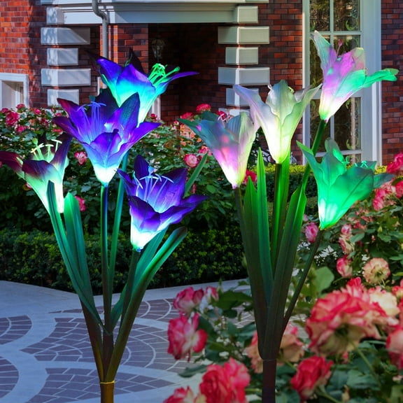Outdoor Solar Lights – Decorative LED Flowers – Pack of 2 Solar Lilies Patio Décor – Purple & White Solar Powered Garden Decoration Lights -Backyard Lighting – Waterproof Lily Flower