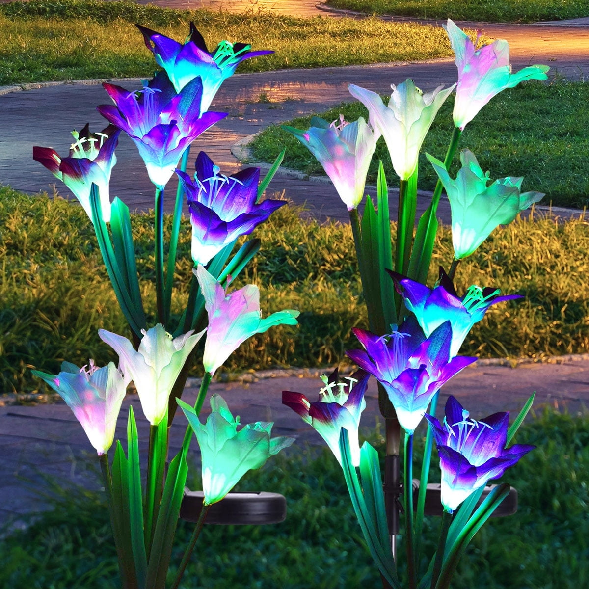 Outdoor Solar Lights Decorative LED Flowers - Pack of 4 Solar Lilies Patio Décor Purple & White Solar Powered Garden Decoration Lights -Backyard Lighting – Waterproof Lily Flower