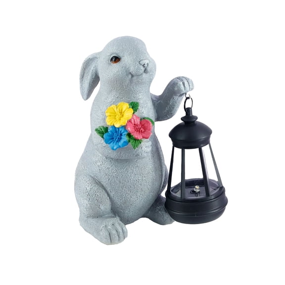 Outdoor Solar Lights Easter Bunny Resin Solar Outdoor Light Household Animals Statue Ornaments Courtyard Paths Garden Balcony Decoration Lights (Gray)