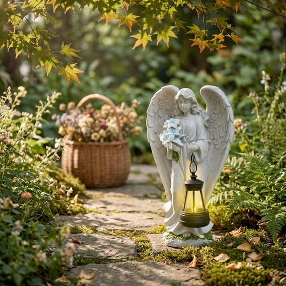 Solar Yard Decorations Angel Statue, Outdoor Garden Decor Memorial Cemetery Flower Holding Sculpture