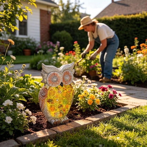 Outdoor Solar Owl Fox Resin Statue with Light for Patio YardGrey_owl