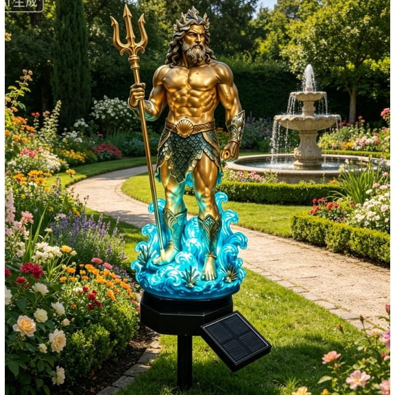 Outdoor Solar Poseidon Statue Garden Stake Lights, Greek Mythical Sea God LED Landscape Lighting, Waterproof Resin Solar Path Light for Lawn Patio Backyard Decor