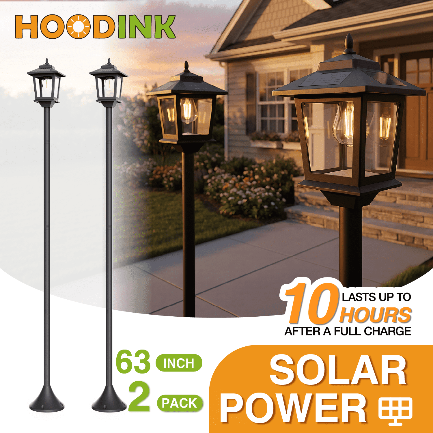 Outdoor Solar Post Lights, 2-Pack 63" Dusk to Dawn Solar Lamp Posts, Waterproof Floor Lamps, Warm White Pole Lights for Patio with Replaceable Bulb