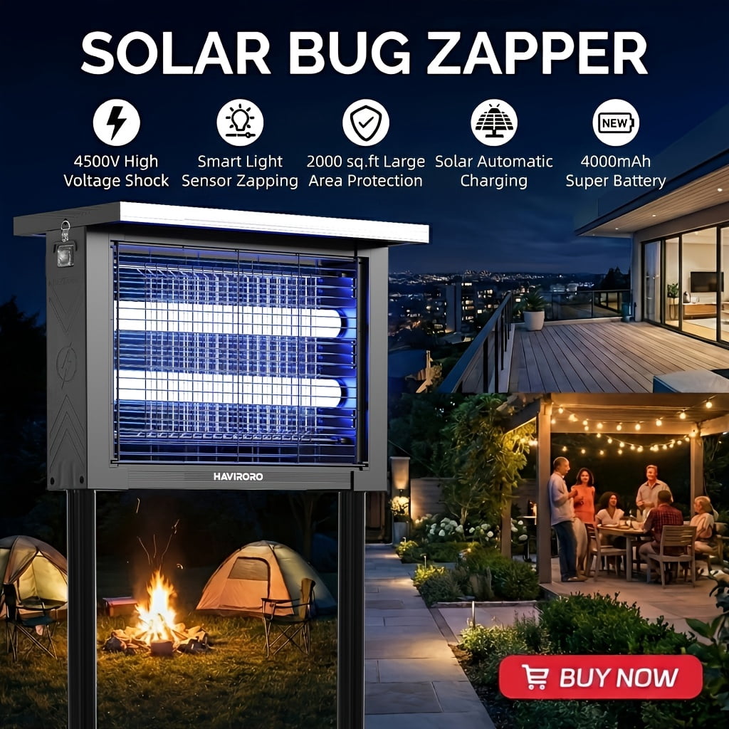 Outdoor Solar-Powered Bug Zapper with 4500V Electric Shock, Wireless Portable Design for Camping, Includes Panel Sensor, Fly Trap Function, and 10ft Extension Cord, Ideal for Patio
