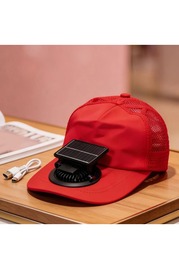 Outdoor Solar Powered Fan Hat Visor Style Rechargeable USB Charging Group Activities Three Seasonal Use, Red