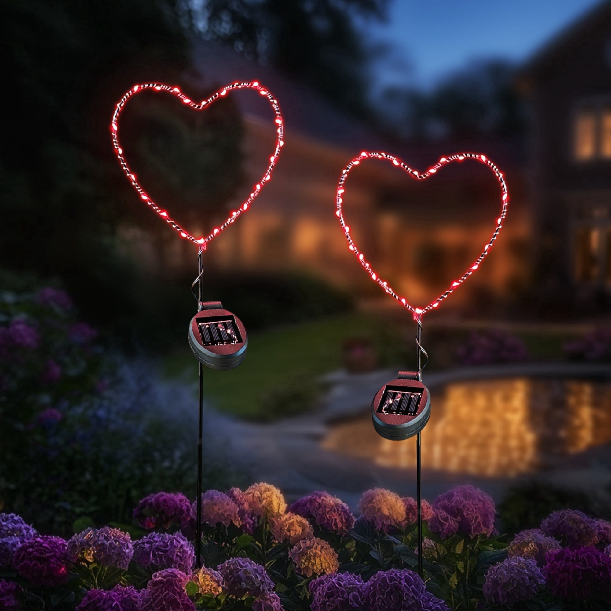 Outdoor Solar Powered LED Metal Garden Decorative Stake Light - 2 Pack Red Heart