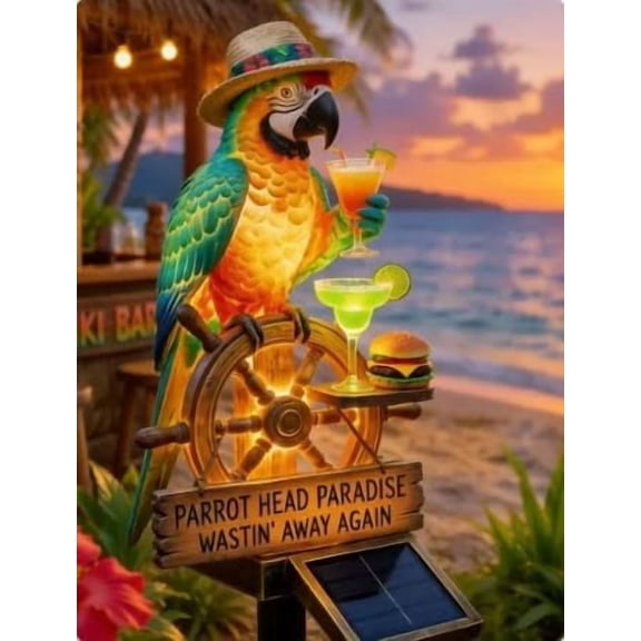 Outdoor Solar-Powered LED Parrot Garden Light, Tropical Figurine with Straw Hat and Ukulele, Durable Resin Decor for Yard, Patio and Beach Themed Parties (Summer Juice)