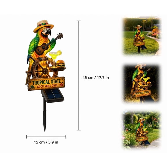 Outdoor Solar-Powered LED Parrot Garden Light, Tropical Figurine with Straw Hat and Ukulele, Durable Resin Decor for Yard, Patio and Beach Themed Parties