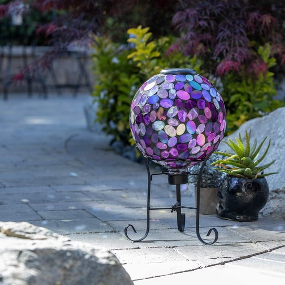 Outdoor Solar Powered Pink Glass Mosaic Gazing  with LED Lights and Metal Stand, Violet