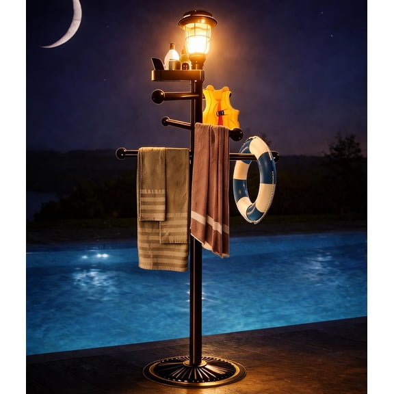 Outdoor Solar-Powered Towel Rack with 6 Bars and Top Tray