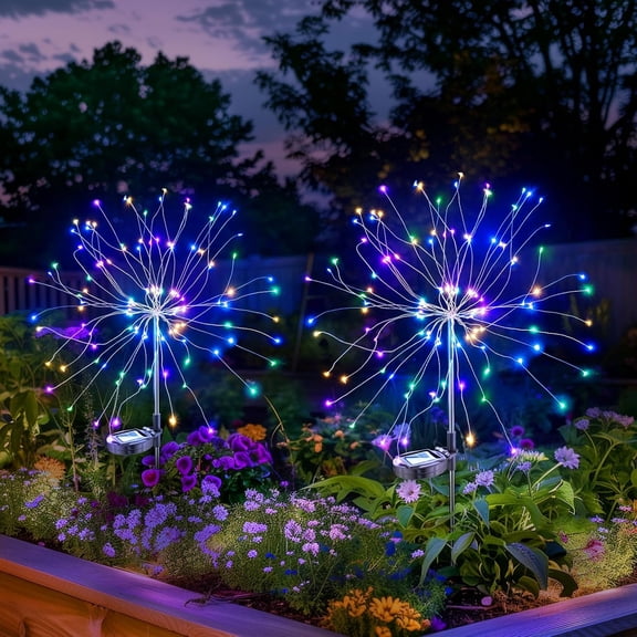 Solar Garden Lights Outdoor Waterproof, 2 Pack 120 LED Solar Firework Lights Decorative Garden Dcor Outside for Flowerbed Pathway Party Christmas Decoration, Multicolor