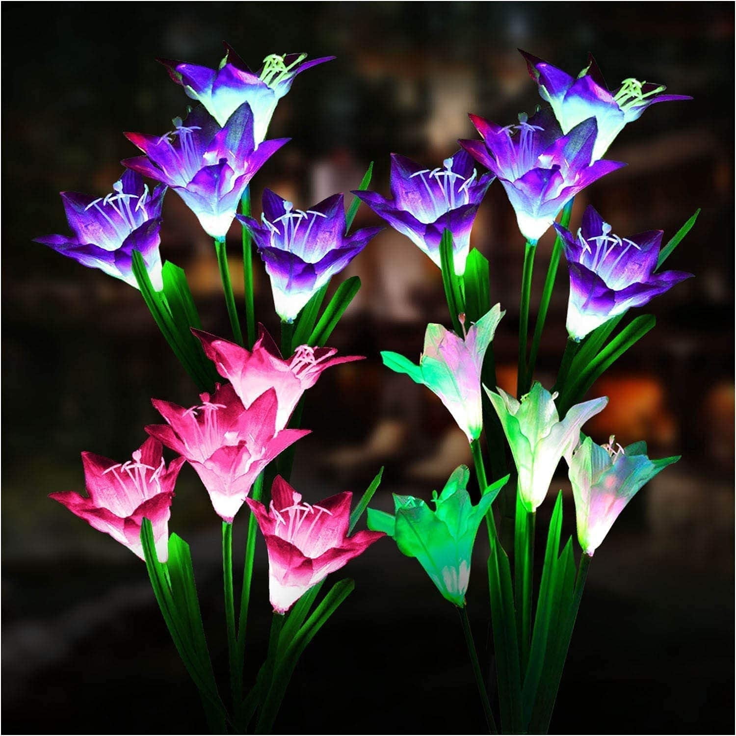 Outdoor Solar Stake Lights, Wattne 4 Pack Solar Garden Lights with 8 Lily Flowers, Waterproof 7 Color Changing LED Solar Stake Lights for Garden, Patio, Yard, Pathway (White & Pink & 2 purple)