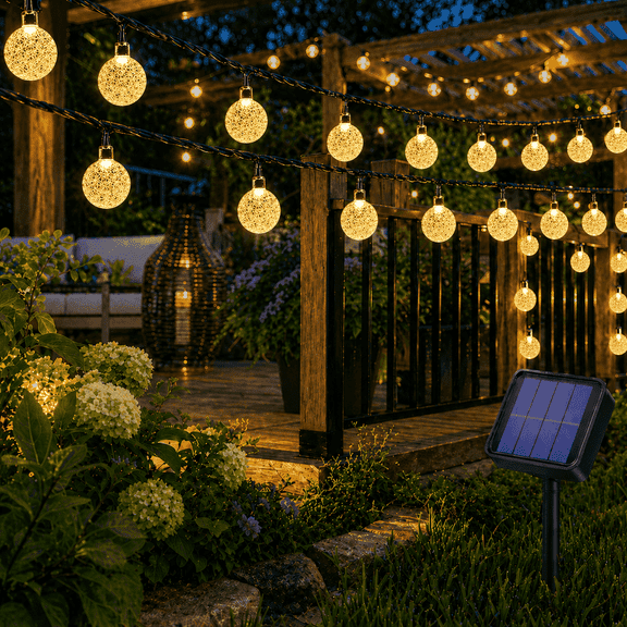 Solar String Lights Outdoor, 24ft 50 LED Crystal Balls Waterproof Lights, Fairy Lights with Remote, 8 Modes, Solar Powered Outdoor Lights for Patio Garden Yard, Party Wedding (Warm White)