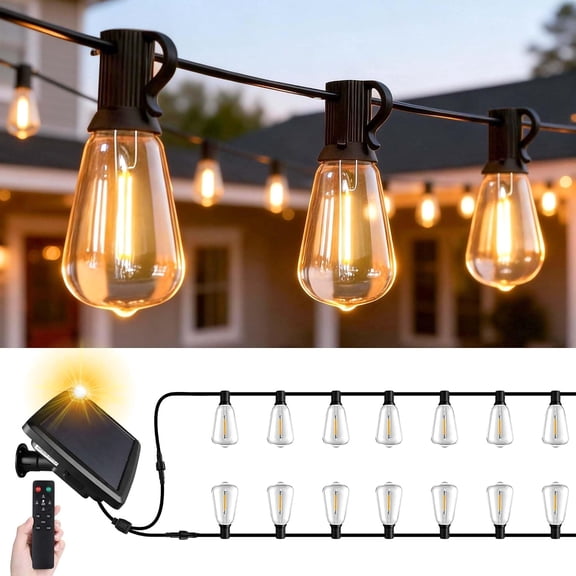 Outdoor Solar String Lights, Bulbs for Patio Garden Pergola Party | 30 ST38 Shatterproof Bulbs, Solar System with Remote, 8 Modes and timable