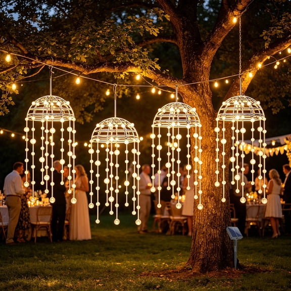 Outdoor Solar Umbrella Frame Tassel Fairy Lights, Multicolor Cascading Beaded LED String Lights Waterproof for Garden Tree Patio Backyard Holiday Party Wedding Home Decor