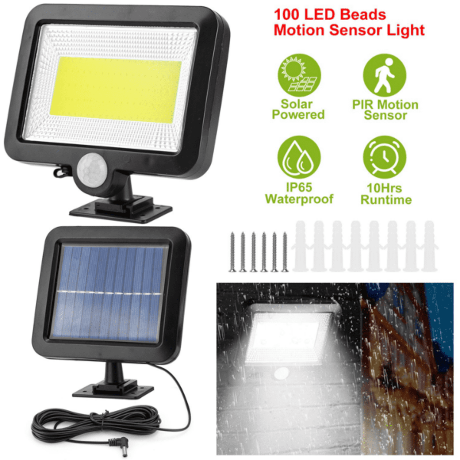 Outdoor Solar Wall Light,Motion & Light Sensor Activated,100 LED Beads,IP65 Waterproof,Rotatable Solar Panel with 16.4ft Cable for Patio Garage Doorway