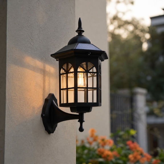 Outdoor Solar Wall Light, Rustic Lantern Wall Mounted Light, Retro Exterior Bulb Holder, Dusk to Dawn Sensor for Porch Garden Community Villa Antique Street Landscape Lighting Decorative
